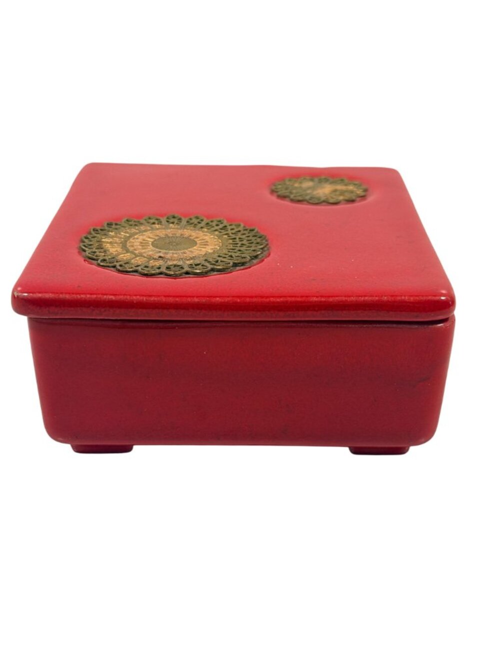 RARE Vintage Royal Haeger Red Dresser Trinket Box Brass Mandalla Accents R1688-S - Picture 7 of 9